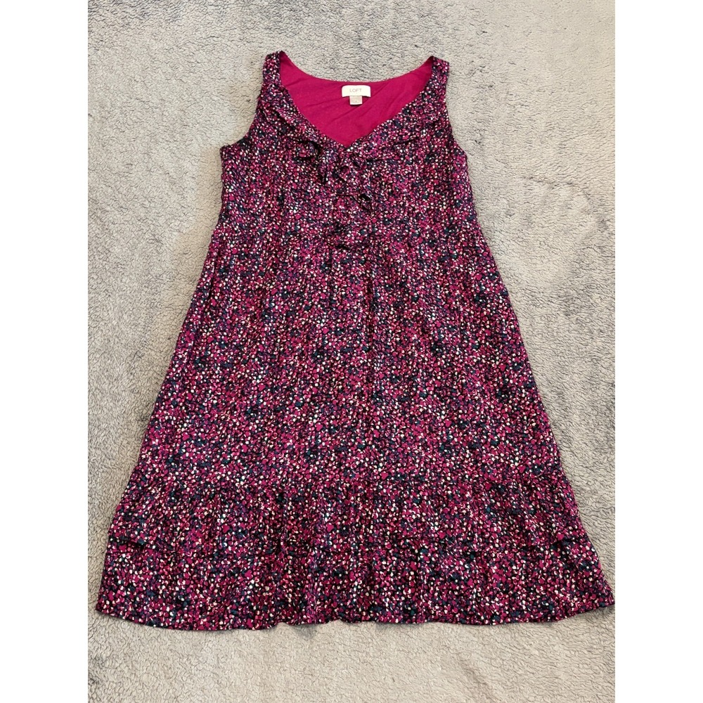 Ann Taylor Loft Dress Womens 8 Multicolor Geometric Sheath Sleeveless Ruffle